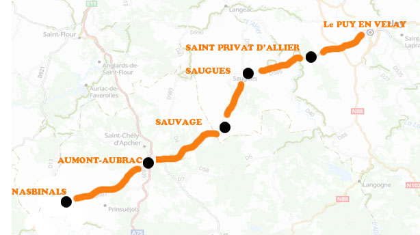 Carte Voie du Puy en Velay - GR65 Compostelle